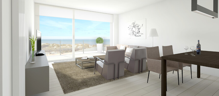 Op deze foto ziet u het interieur van de woonkamer in Zilt Residences De Panne, op maat gemaakt en geplaatst door WoonProject.