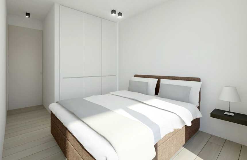 WoonProject Aalter maakte het interieur (kasten, afwerking etc.) van deze slaapkamer op maat voor Zilt Residences.